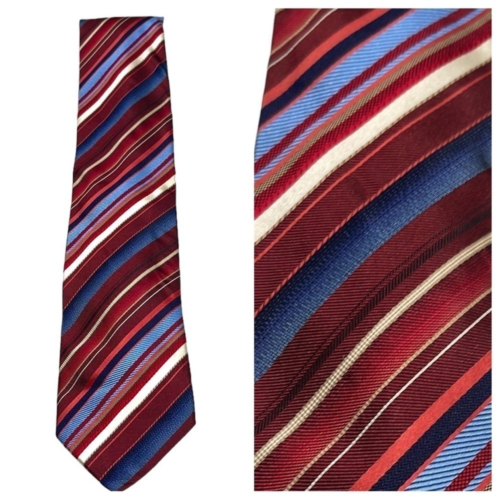 XMI Platinum Red Blue Diagonal Stripe Silk Tie